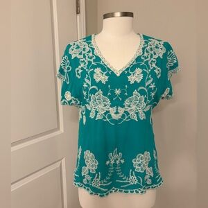 Solitaire Anthropologie Blouse Womens Size M Embroidered Turquiose Cottagecore